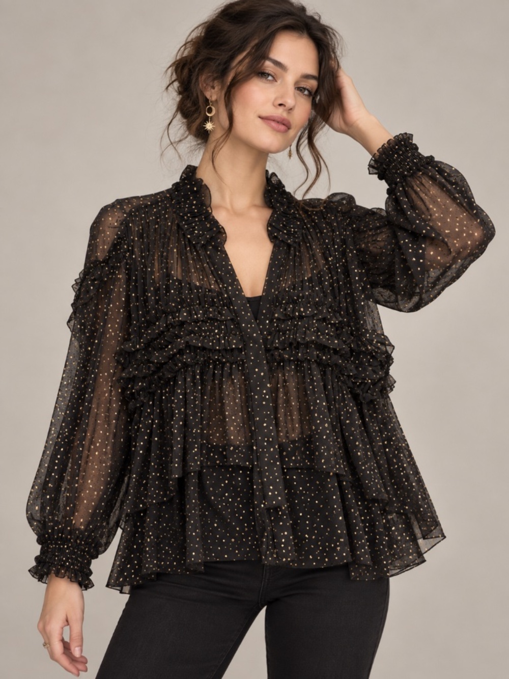 INC Black Gold Celestial Sheer Ruffle Blouse Whimsigoth Witchy Romantic XL
